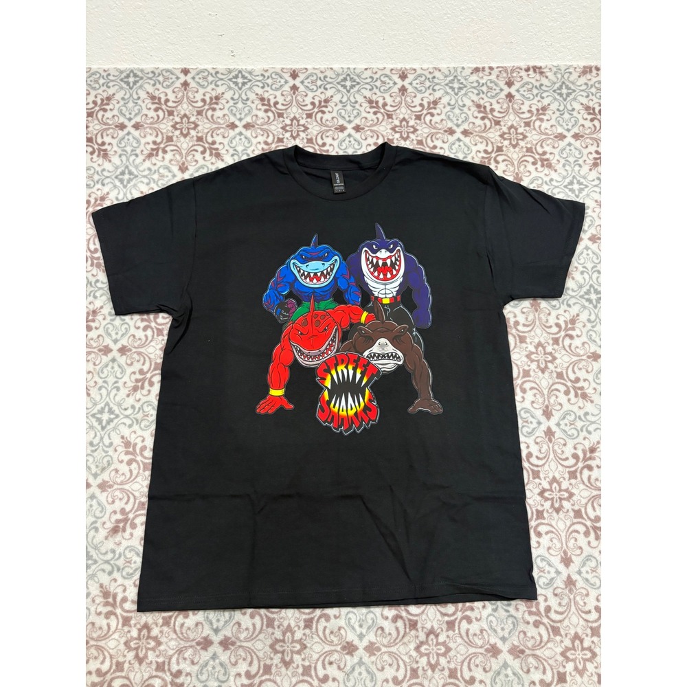 Gildan Street Sharks Graphic T-Shirt Mens Large Black Short Sleeve Heavy Cotton